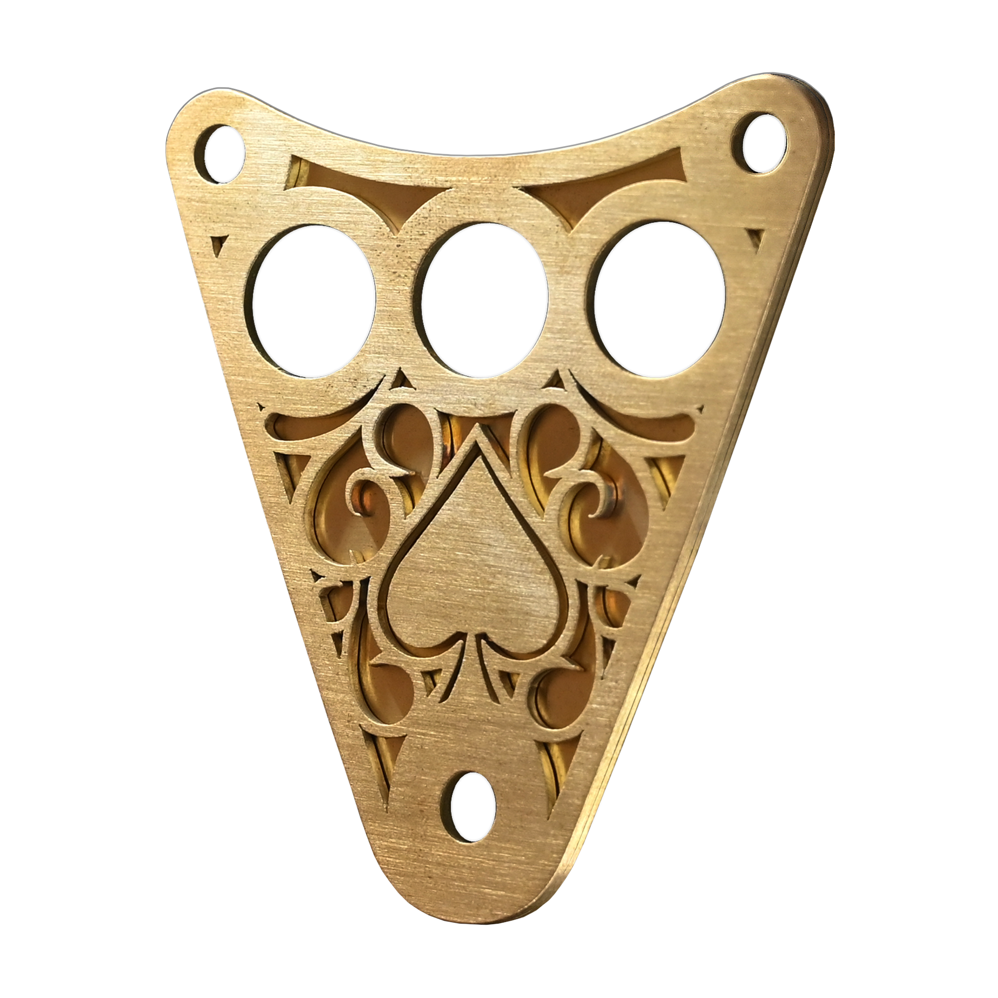 Isolated image of a decorative Kawasaki Vulcan 800 dash plaque made out of raw brass.