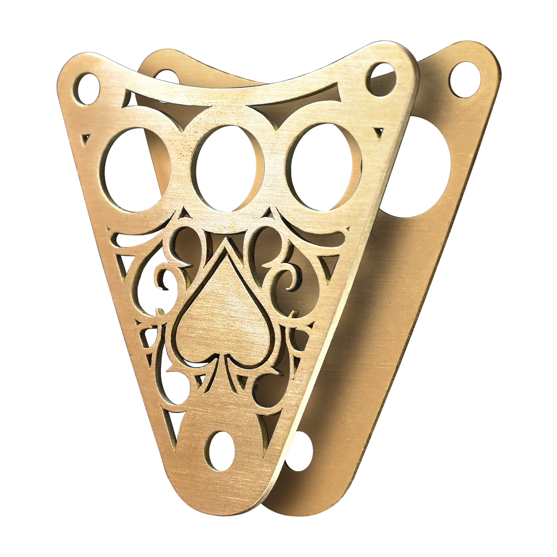 Isolated image of a decorative Kawasaki Vulcan 800 dash plaque made out of raw brass with front and back plaque separated.